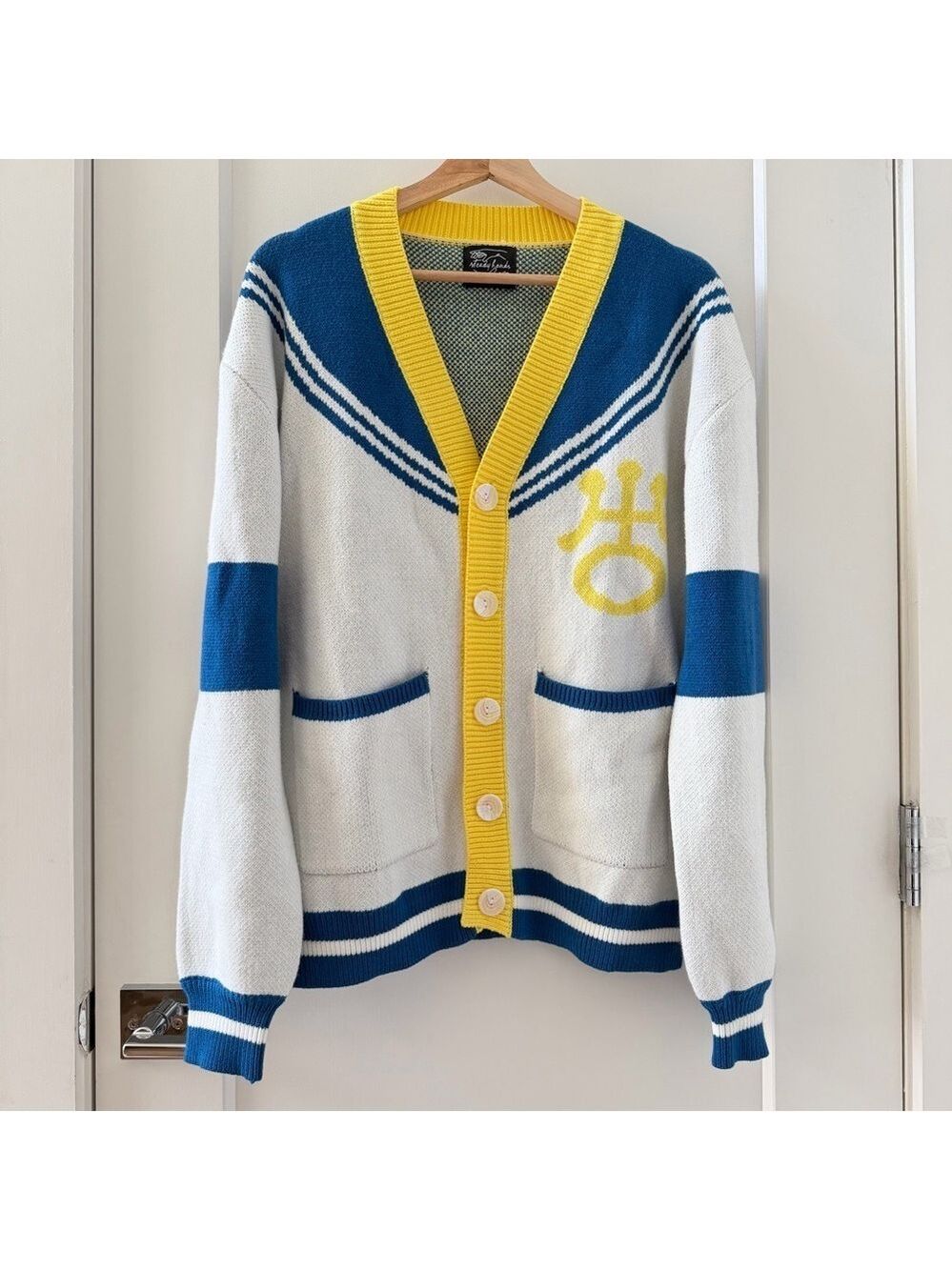 Steady Hands Cardigan Sweater Sailor White Yellow Blue Oversized Sz XS